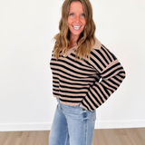 Tan & Black Striped Collared V-Neck Sweater