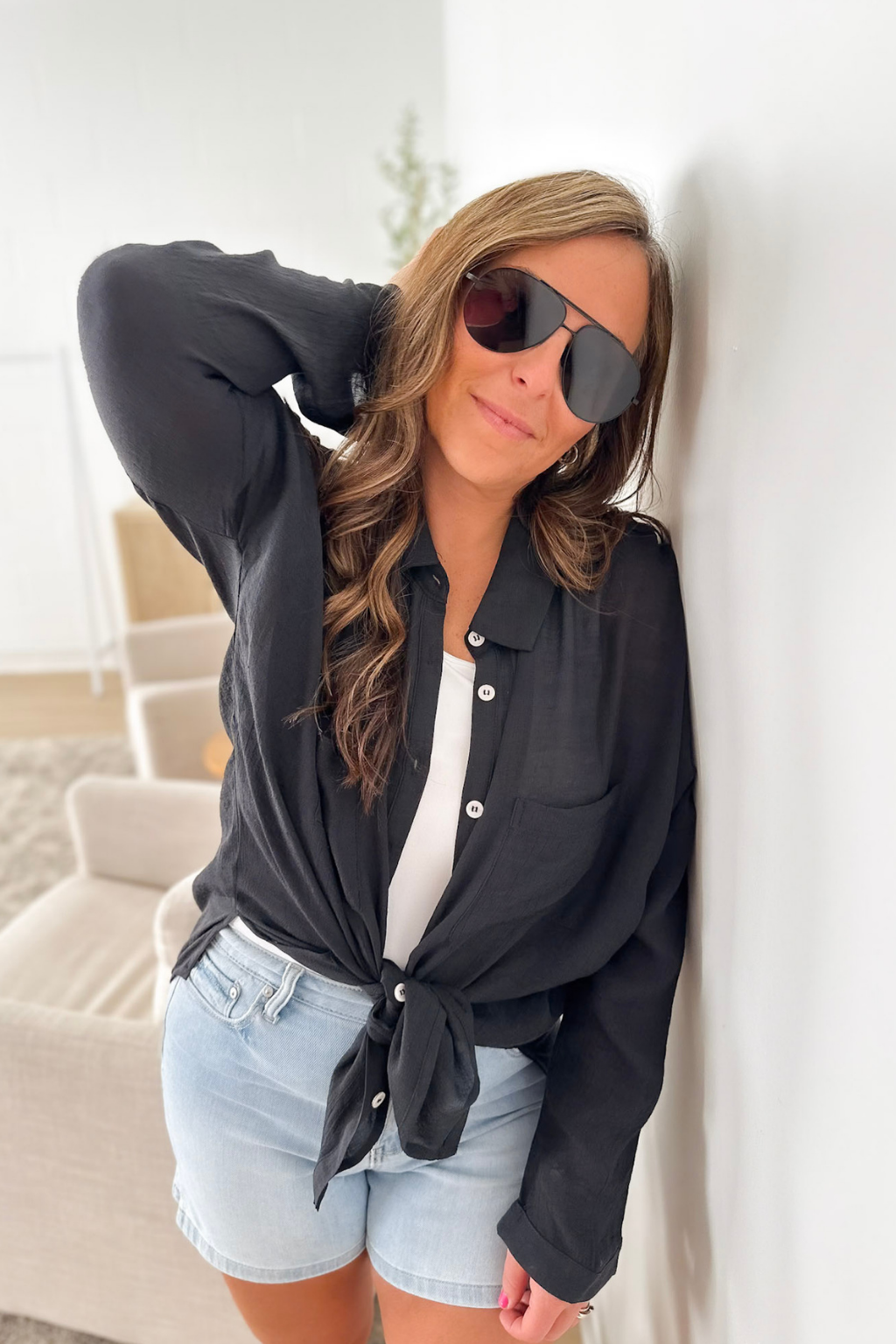 Black Woven Collared Button Up Top