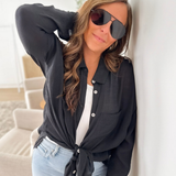 Black Woven Collared Button Up Top