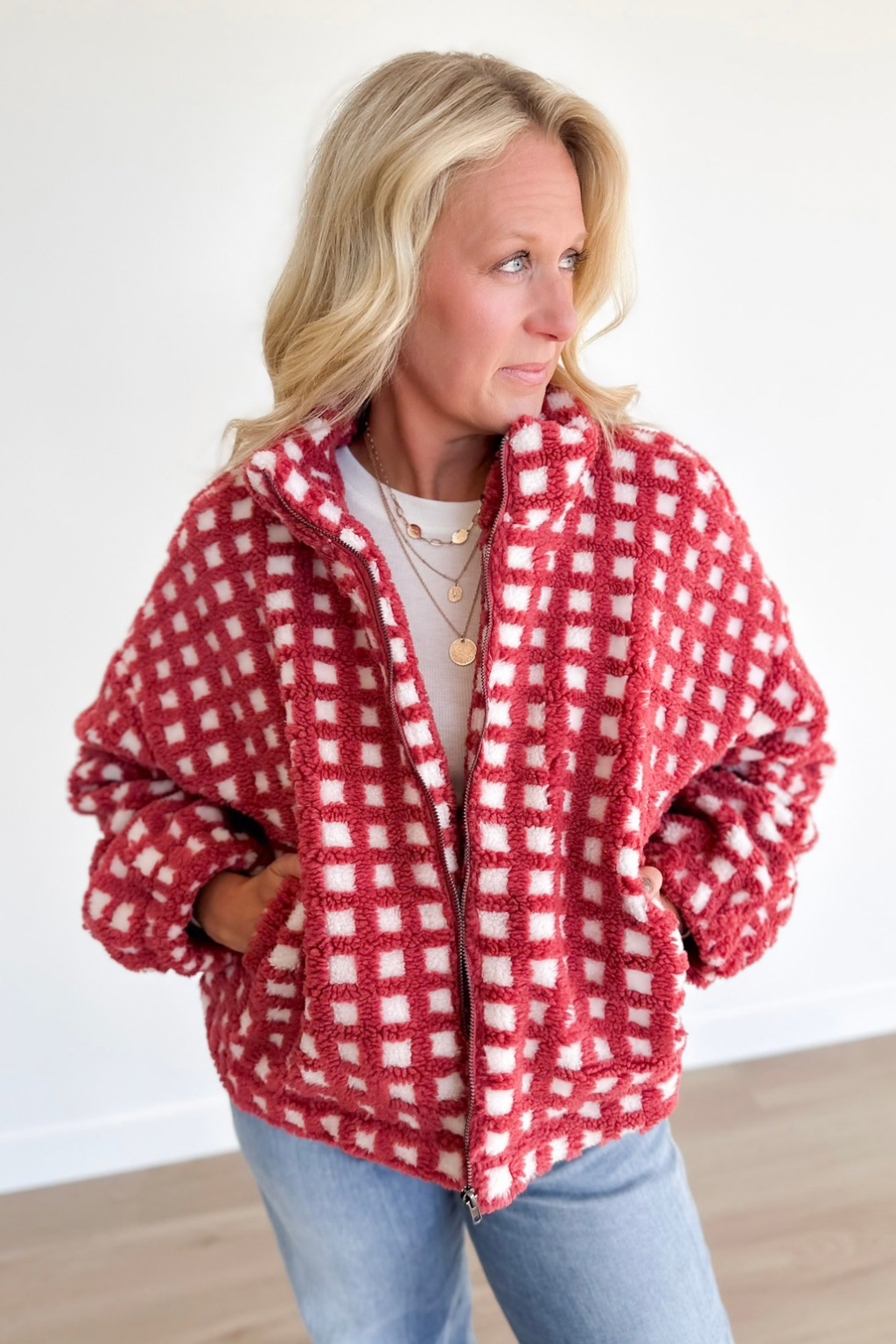 Red/Cream Fuzzy Sherpa Jacket