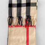 Cream/Black/Red Plaid Cashmere Scarf with Tassel