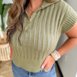 Green Open Knit Collared Short Sleeve Sweater