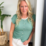 Green Knit White Trim Short Sleeve Top