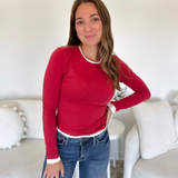 Dark Red Long Sleeve White Trim Top