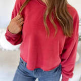 Dark Red Raw Hem Cropped Pullover