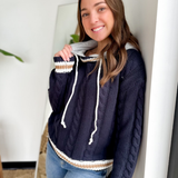 Navy Knit Sweater Top with Hoodie