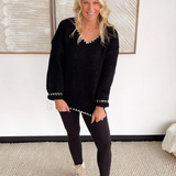 Black Knit V-Neck Contrast Stitch Sweater