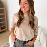 Beige - 1/4 Sleeve Soft Knit Top
