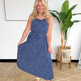 Navy Polka Dot Flare Midi Dress