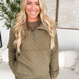 Alice 3/4 Zip Olive Quilted Pullover