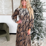 Black/Taupe Velvet Smocked Midi Dress