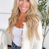 Ivory Knit Cardigan with Contrast Red Trim