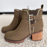 Olive Suede Heeled Boots With Silver Buckle