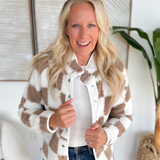 Brown Checkered Snap Button Sherpa Jacket