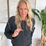 Charcoal Raw Edge Sweater with Contrast Stitching
