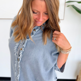 Frayed Trim Relaxed Denim Button Up Top