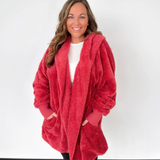 Red Fuzzy Hooded Cardigan-One Size