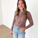Mocha 1/2 Snap Button Waffle Knit Top