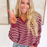 Burgandy Knit Long Sleeve White Stripe Top