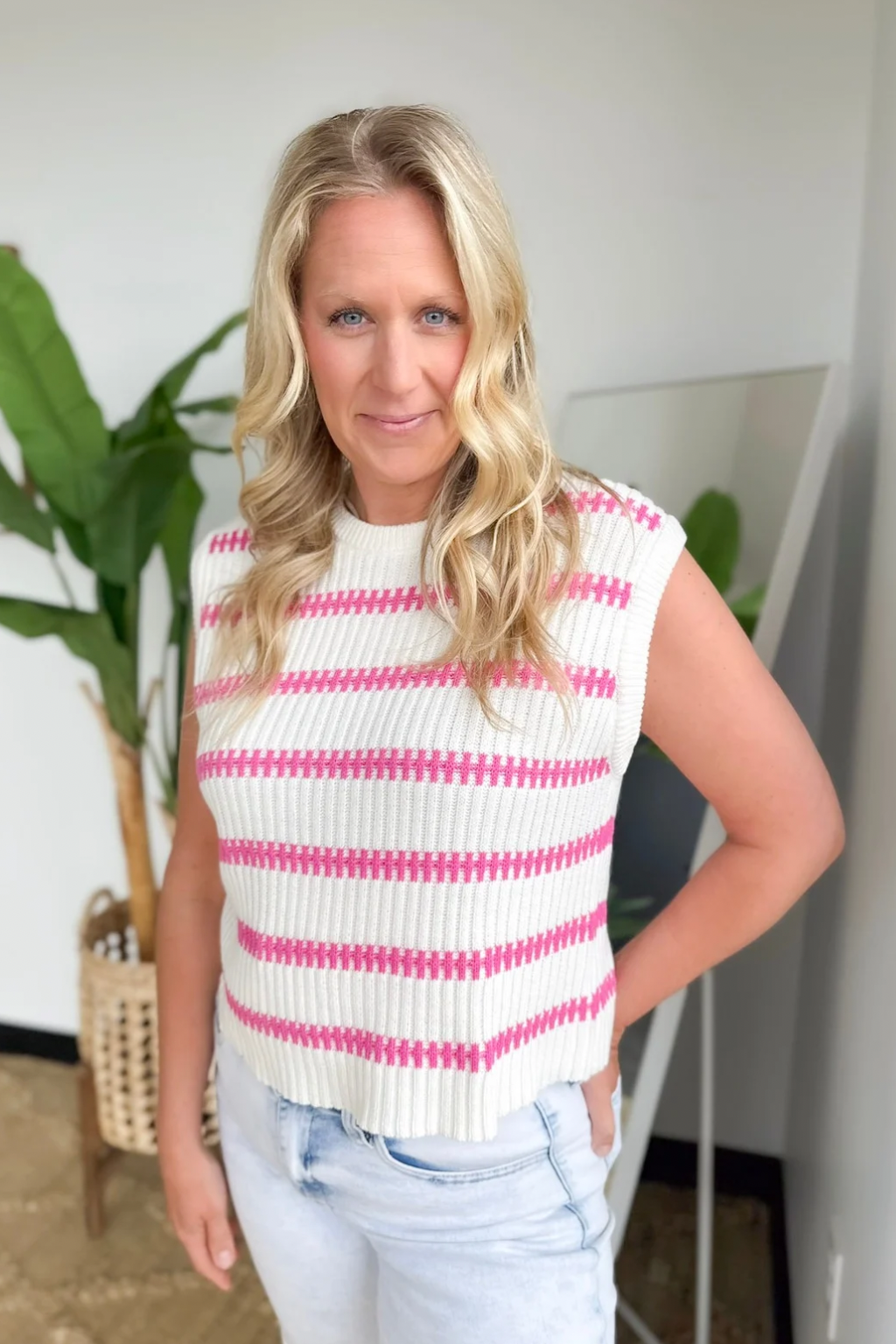 Ivory Knit Pink Stripe Sleeveless Top