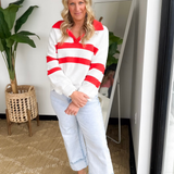 Red/White V-Neck Collared Textured Top