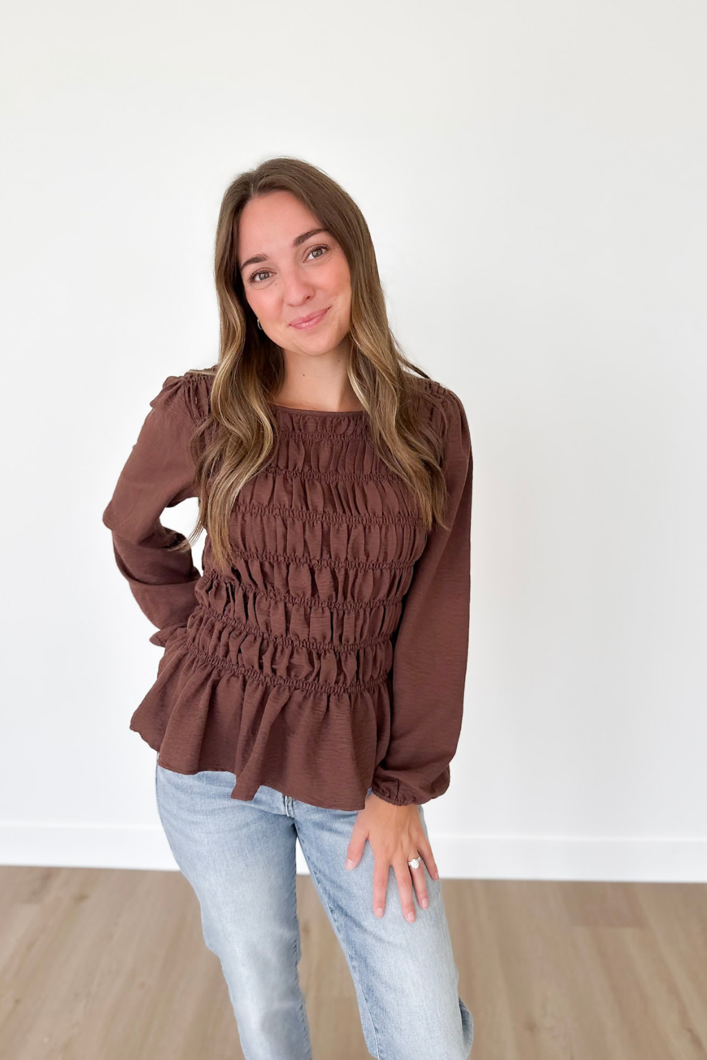 Smocked Mocha Peplum Top