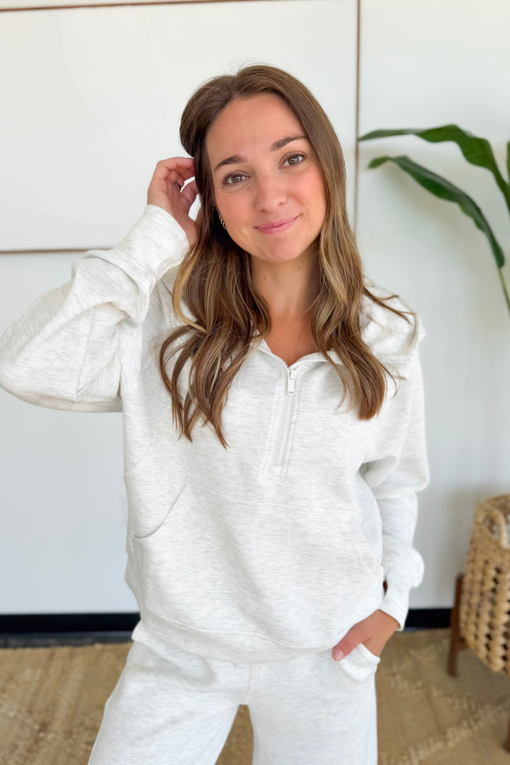 Light Grey Quarter Zip Up Hooded Pullover