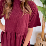 Burgundy Corduroy Short Sleeve Mini Dress