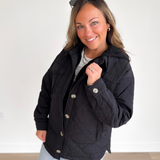 Black Quilted Hooded Button Up Jacket