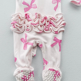 Pretty Pink Bow Ruffle 2 Way Zip Footie