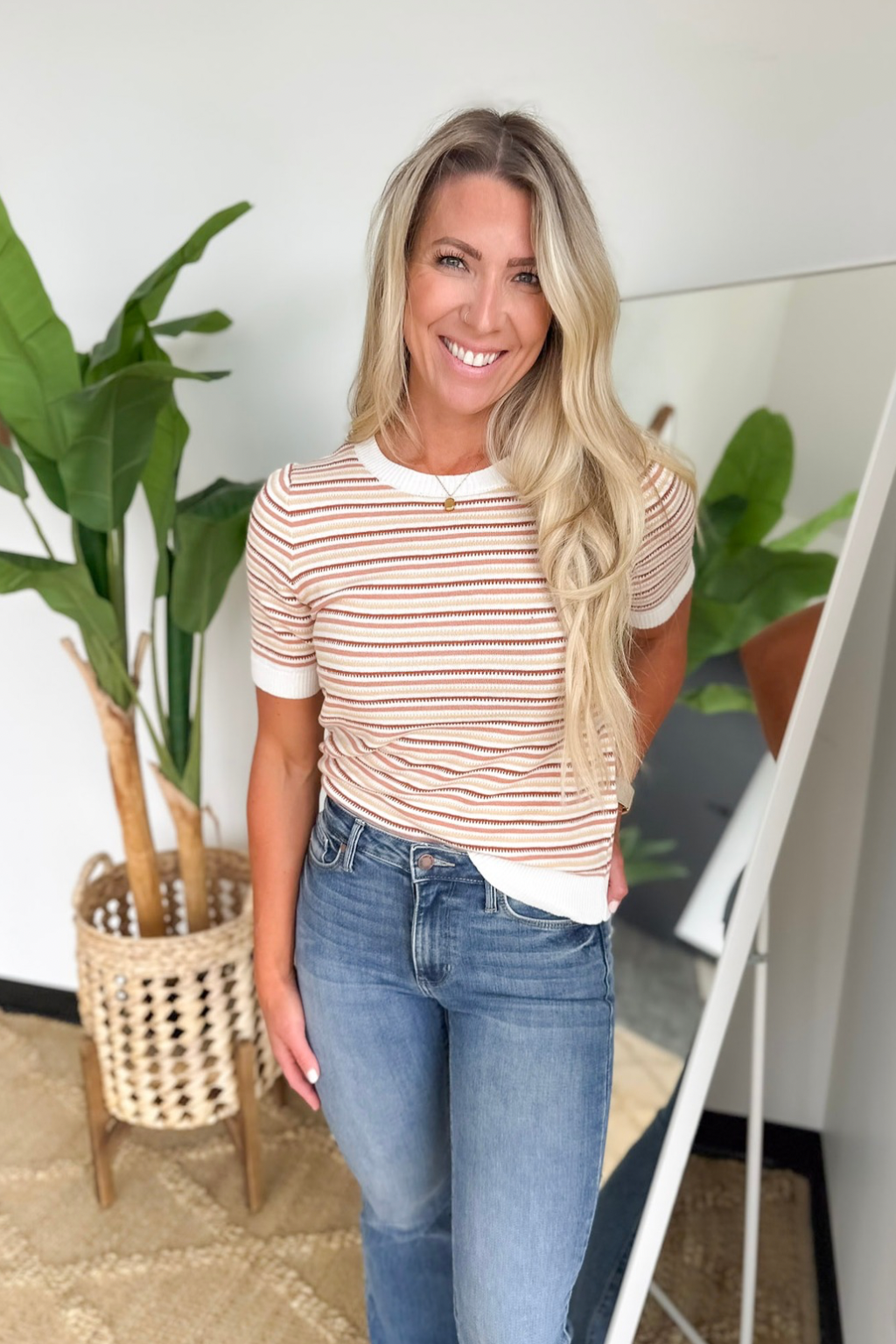 Multi Striped Short Sleeve Textured Top