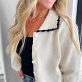 Cream Knit Button Cardigan with Black Collar Trim