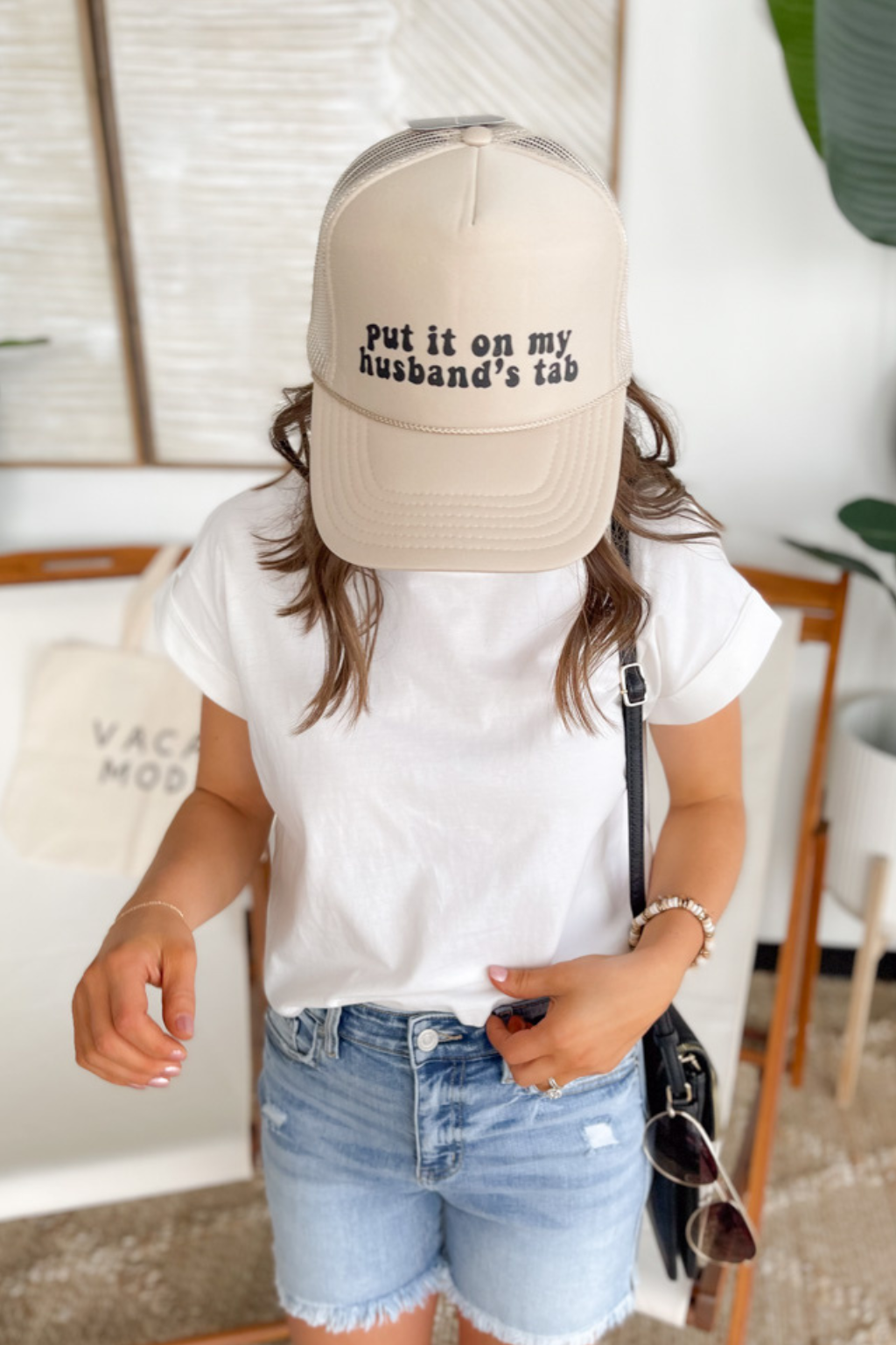 Put It On My Husbands Tab Khaki Trucker Hat