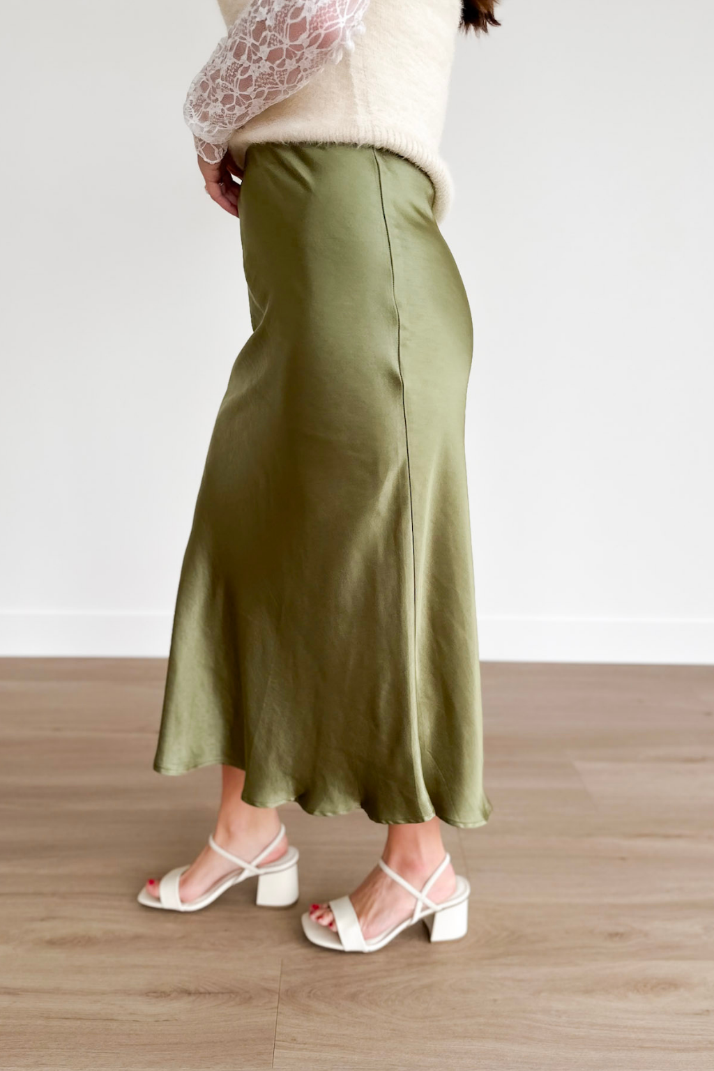 Olive Satin Midi Skirt