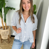 Navy Stripe Button Down Ruffle Top