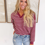 Burgandy Knit Long Sleeve White Stripe Top