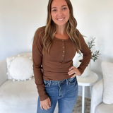 Brown Fitted Long Sleeve Henley Top