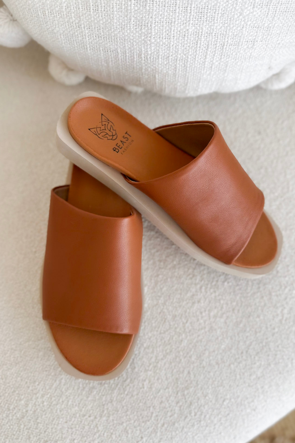 Cognac Slip On Platform Sandals