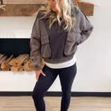 Contrast Sherpa Quarter Zip Pullover-Charcoal