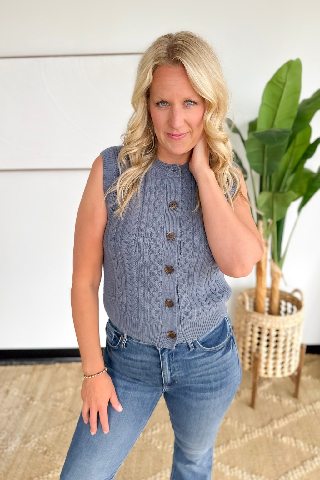 Slate Blue Cable Knit Button Sweater Vest