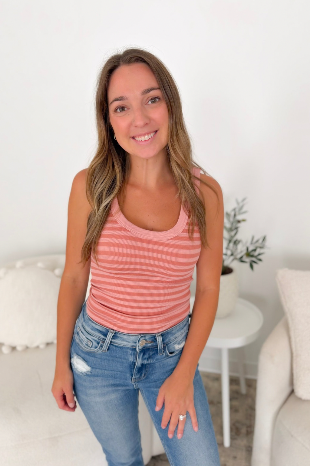 Nikibiki Striped Ribbed Tank Top - Ash Rose