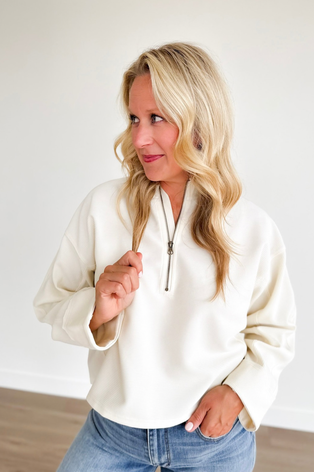 Cream Ribbed 1/2 Zip Cropped Pullover