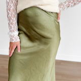 Olive Satin Midi Skirt