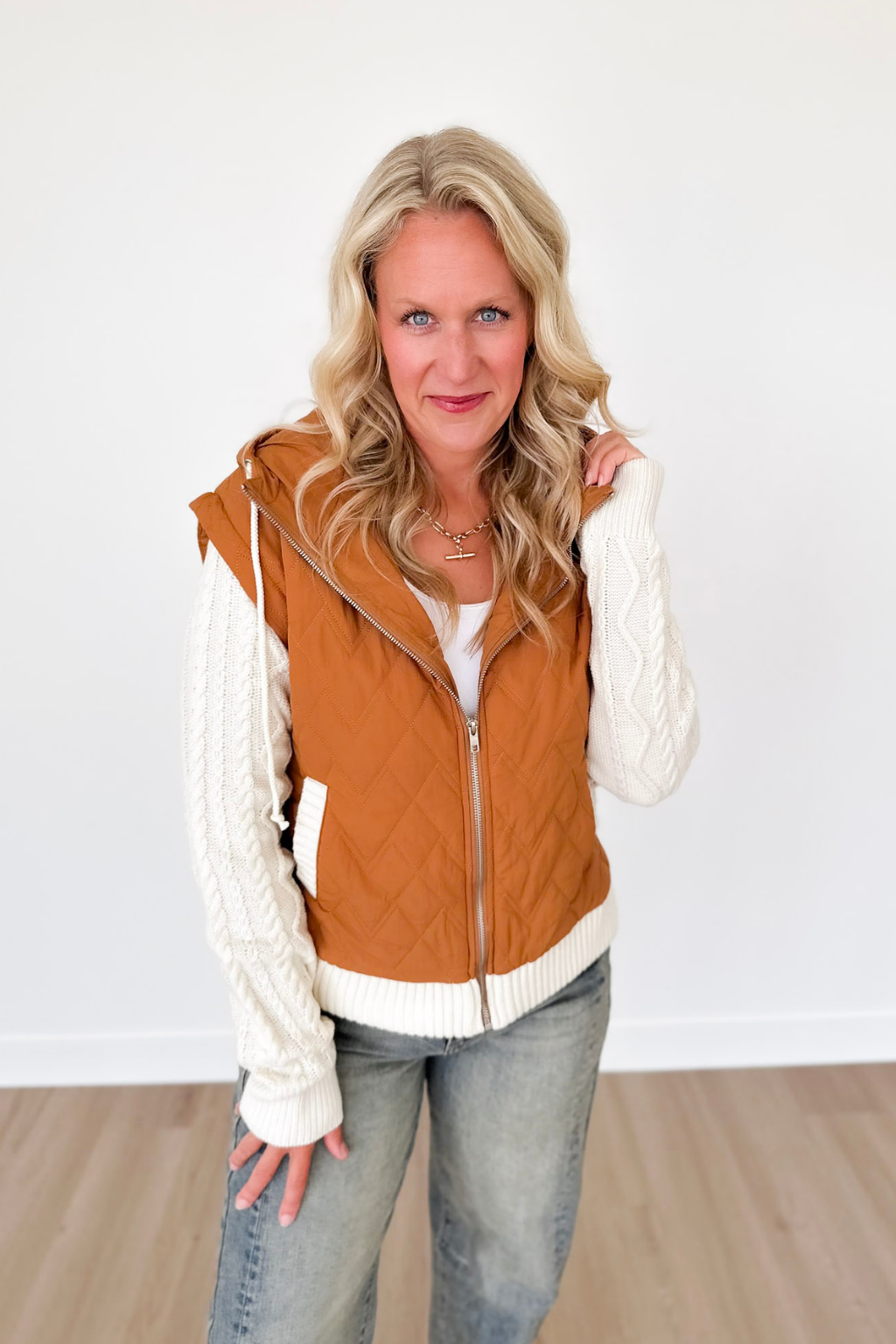 Camel Zip Up Vest with Sweater Sleeves