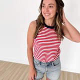 Red/White Striped Blue Contrast Sleeveless Top