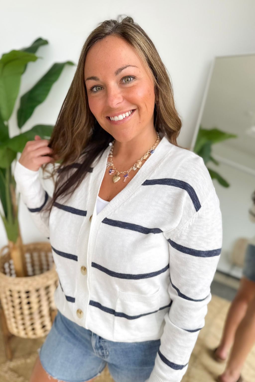 Lightweight Navy Striped Button Cardigan