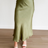 Olive Satin Midi Skirt