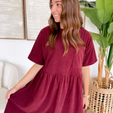 Burgundy Corduroy Short Sleeve Mini Dress