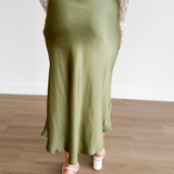 Olive Satin Midi Skirt