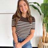 Olive Ribbed Short Sleeve White Striped Top